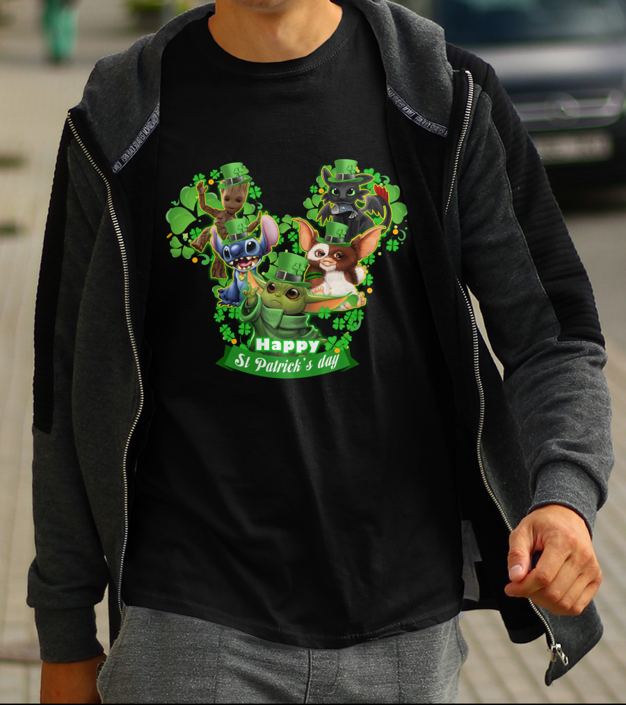 BBYD And Friends Happy St Patrick's Day Groot Gizmo Stitch Mandalorian Baby Yoda Toothless T-Shirt