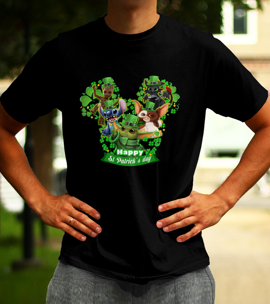 BBYD And Friends Happy St Patrick's Day Groot Gizmo Stitch Mandalorian Baby Yoda Toothless T-Shirt