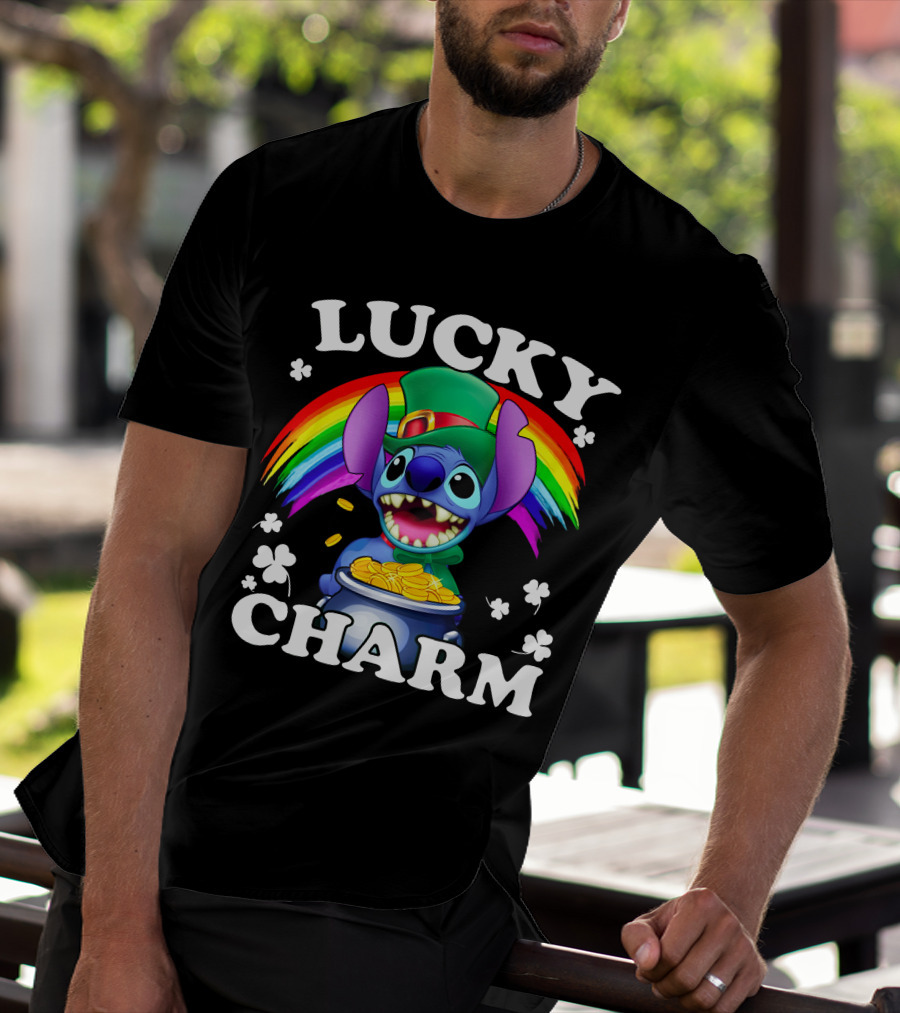 Lucky Charm Stitch Rainbow Gold Coins Shamrocks T-Shirt