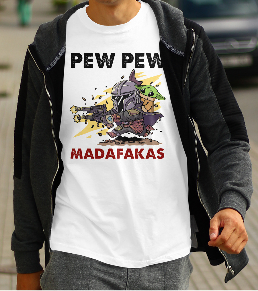 Pew Pew Madafakas Mandalorian Baby Yoda Gun Firing Scene T-Shirt