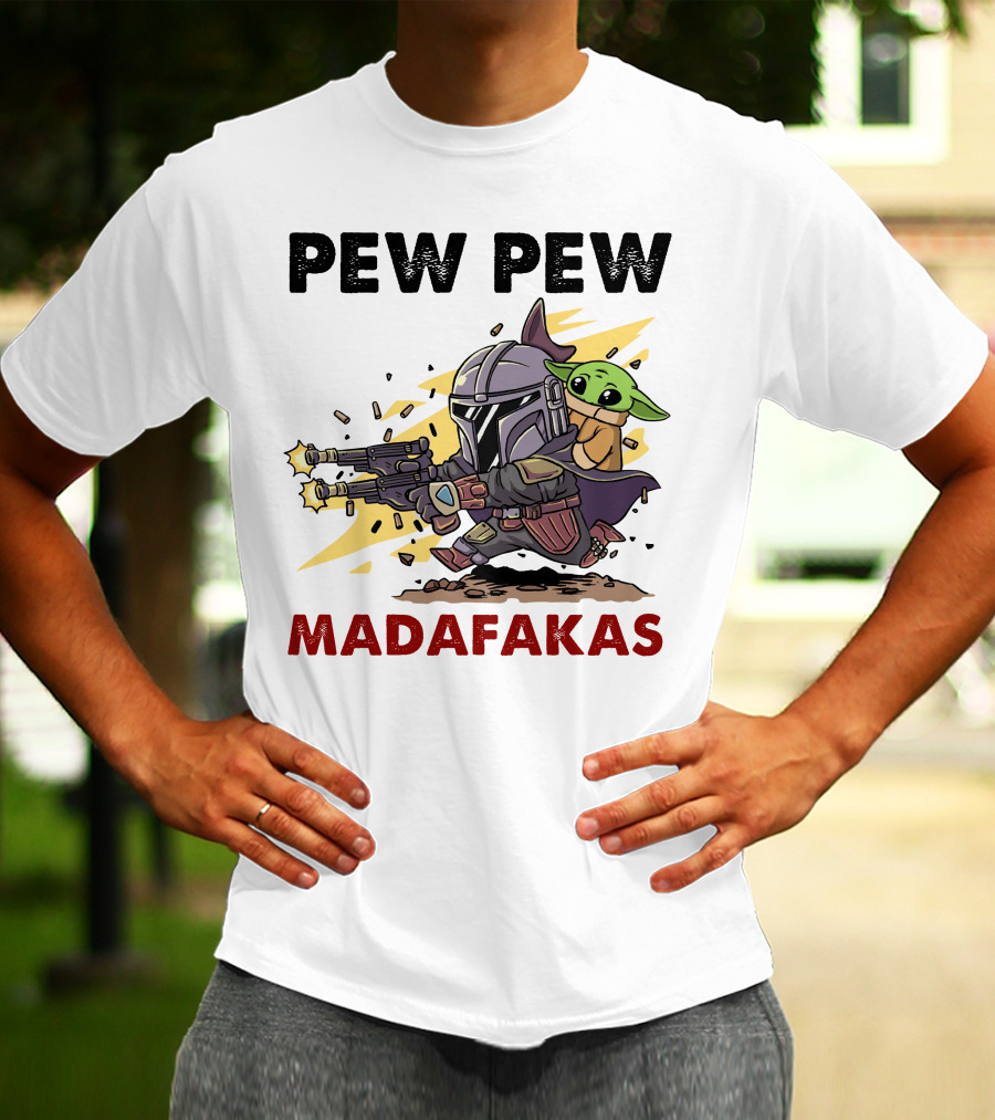 Pew Pew Madafakas Mandalorian Baby Yoda Gun Firing Scene T-Shirt