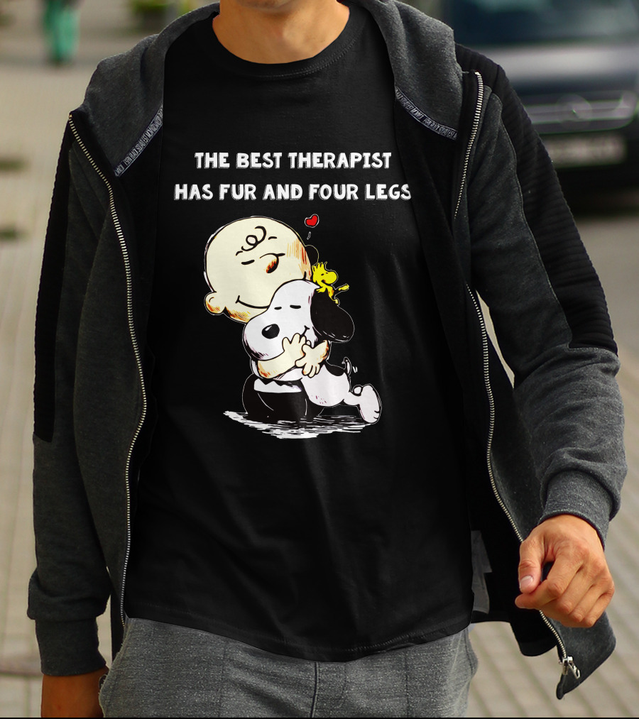 The Best Therapist Has Fur And Four Legs Charlie Brown Snoopy Woodstock Hug T-Shirt