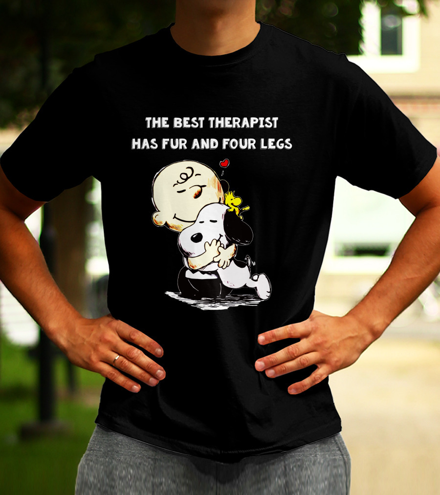 The Best Therapist Has Fur And Four Legs Charlie Brown Snoopy Woodstock Hug T-Shirt