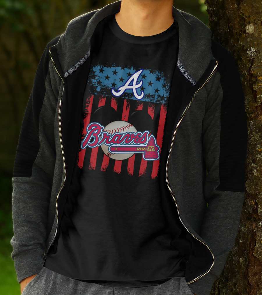 A Mickey Braves Iconic Baseball Stars And Stripes American Flag T-Shirt