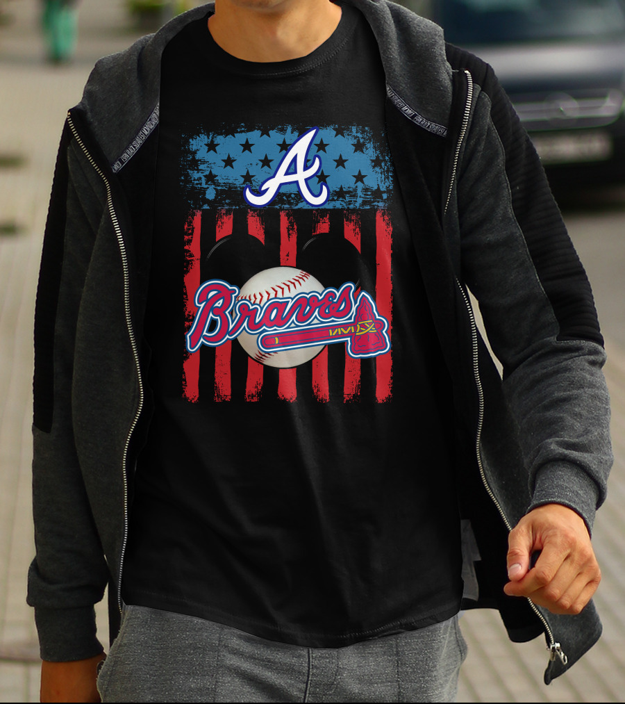 A Mickey Braves Iconic Baseball Stars And Stripes American Flag T-Shirt