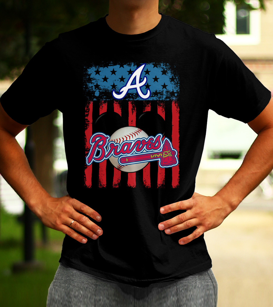 A Mickey Braves Iconic Baseball Stars And Stripes American Flag T-Shirt