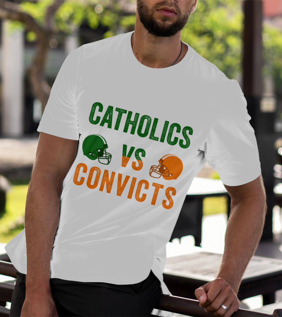 Catholics Vs. Convicts 1988 Football Helmets Rivalry T-Shirt
