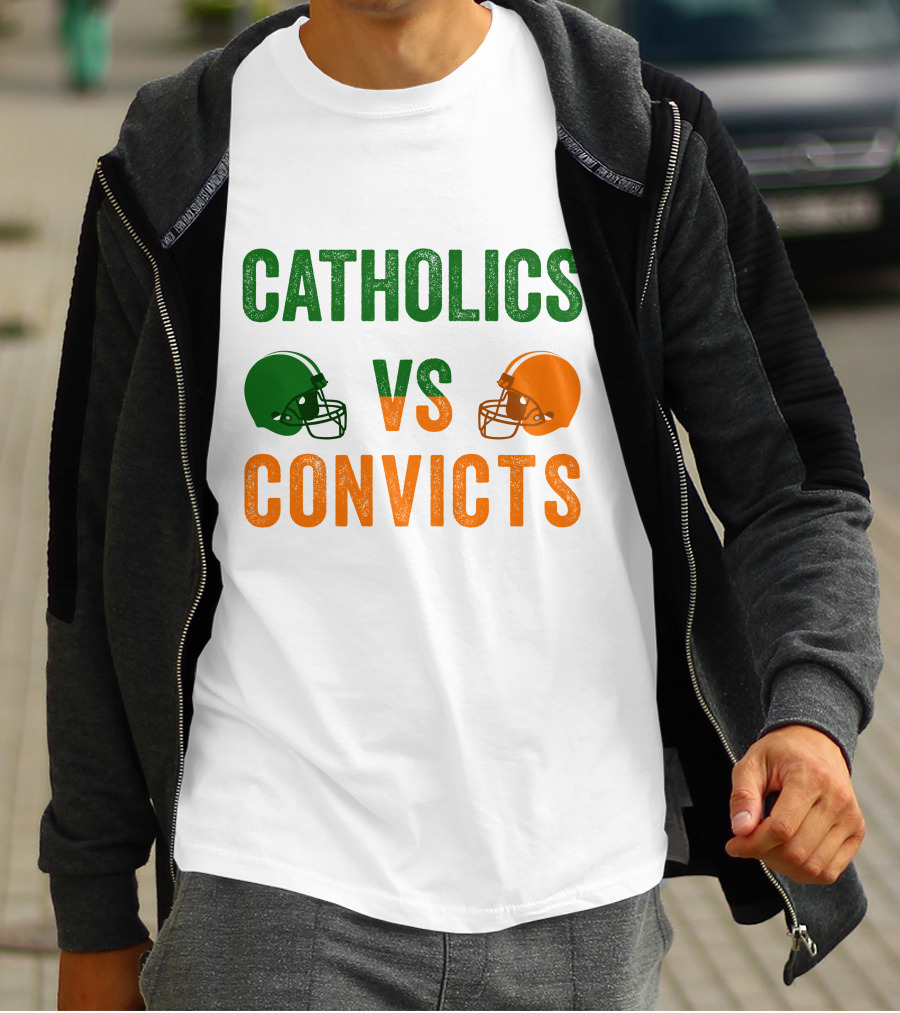 Catholics Vs. Convicts 1988 Football Helmets Rivalry T-Shirt