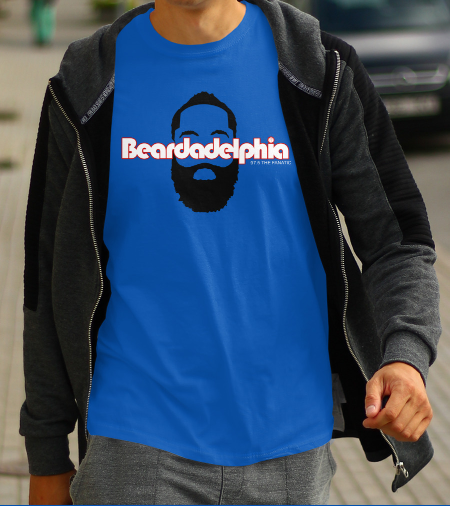 Beardadelphia 97.5 The Fanatic Silhouette Bold Text Blue Background T-Shirt