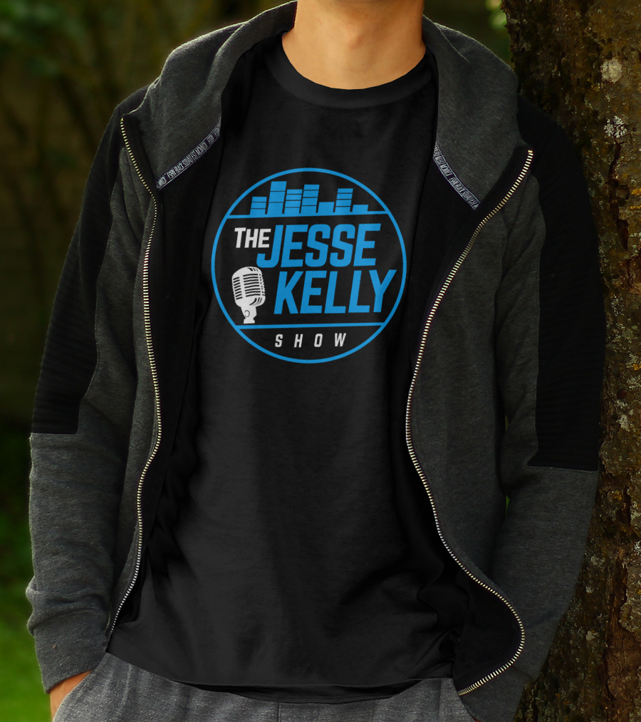 The Jesse Kelly Show Microphone Logo Design With Blue Text And Sound Bars T-Shirt
