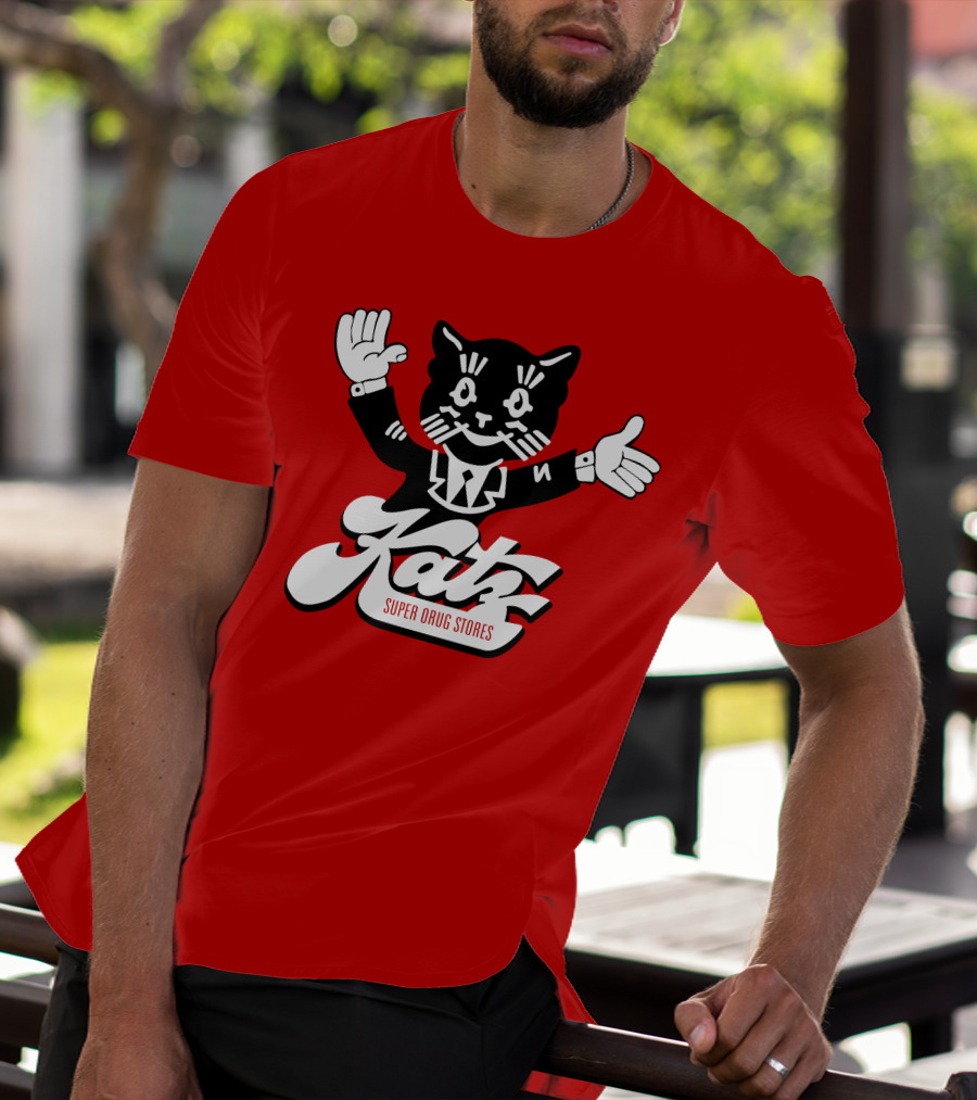 Katz Super Drug Stores Cat Mascot Smiling And Waving In Suit And Tie T-Shirt