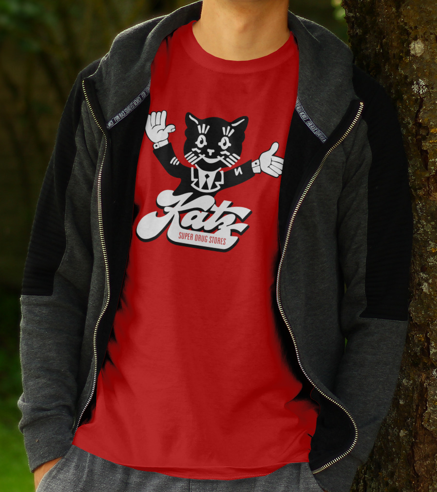 Katz Super Drug Stores Cat Mascot Smiling And Waving In Suit And Tie T-Shirt