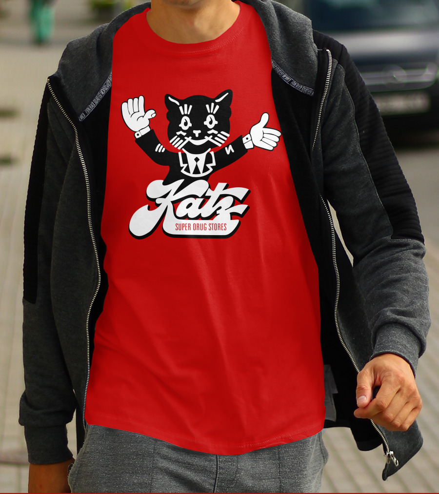 Katz Super Drug Stores Cat Mascot Smiling And Waving In Suit And Tie T-Shirt