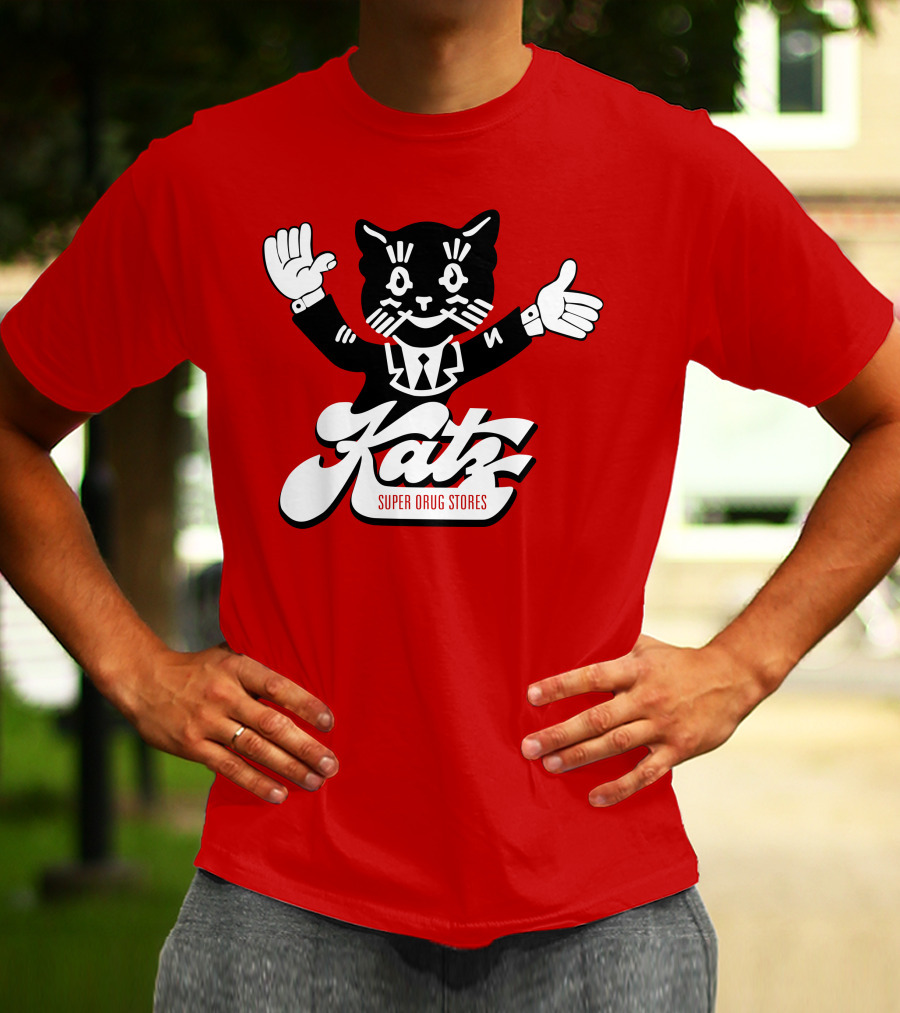 Katz Super Drug Stores Cat Mascot Smiling And Waving In Suit And Tie T-Shirt