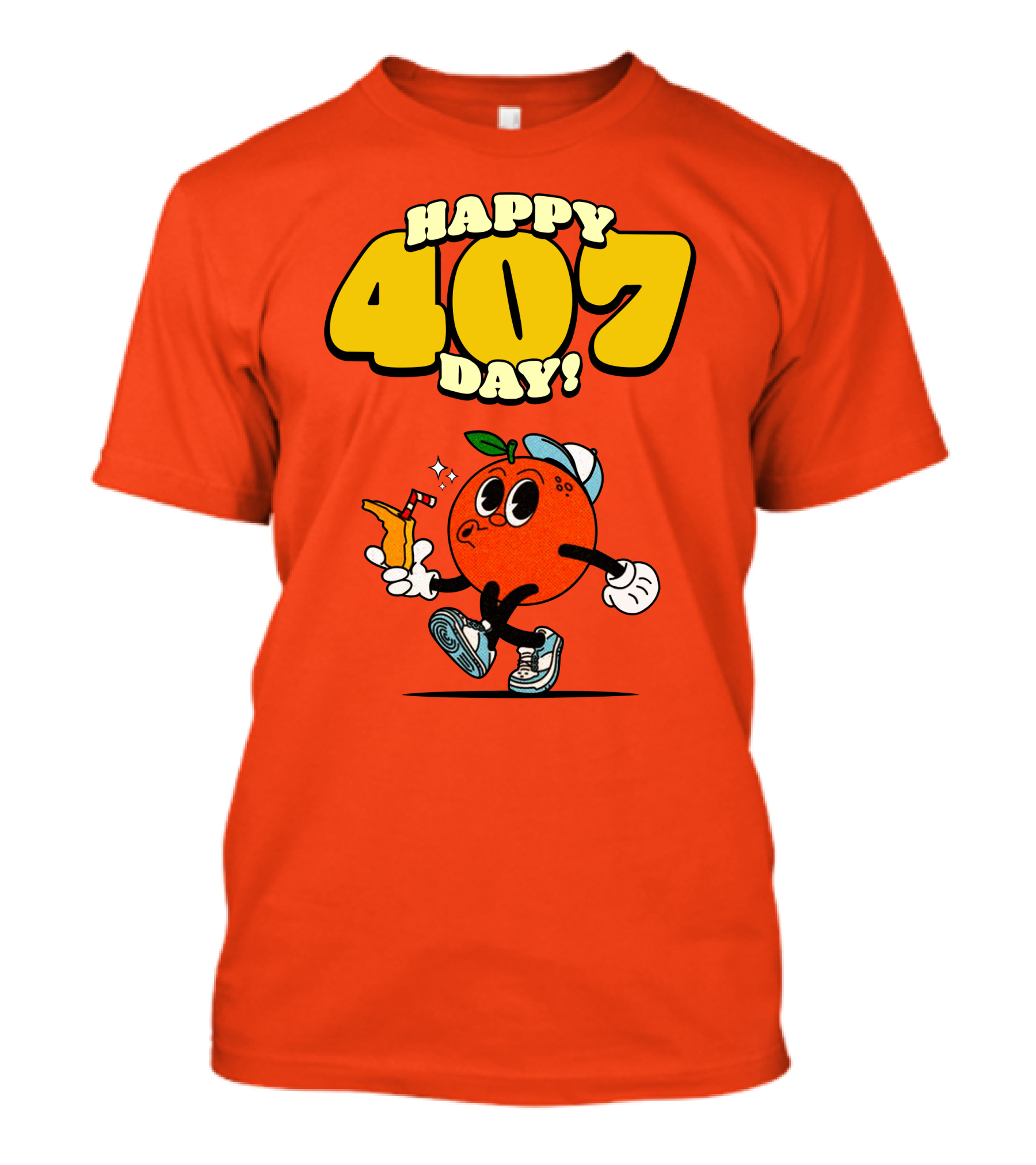 Happy 407 Day Orlando Orange Character With Drink And Sneakers T-Shirt