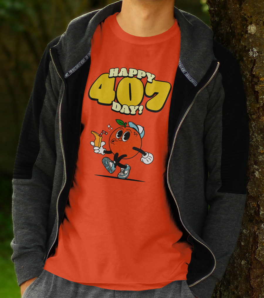 Happy 407 Day Orlando Orange Character With Drink And Sneakers T-Shirt