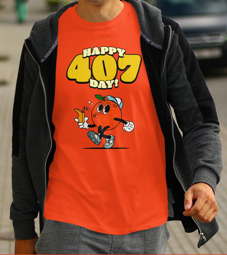 Happy 407 Day Orlando Orange Character With Drink And Sneakers T-Shirt