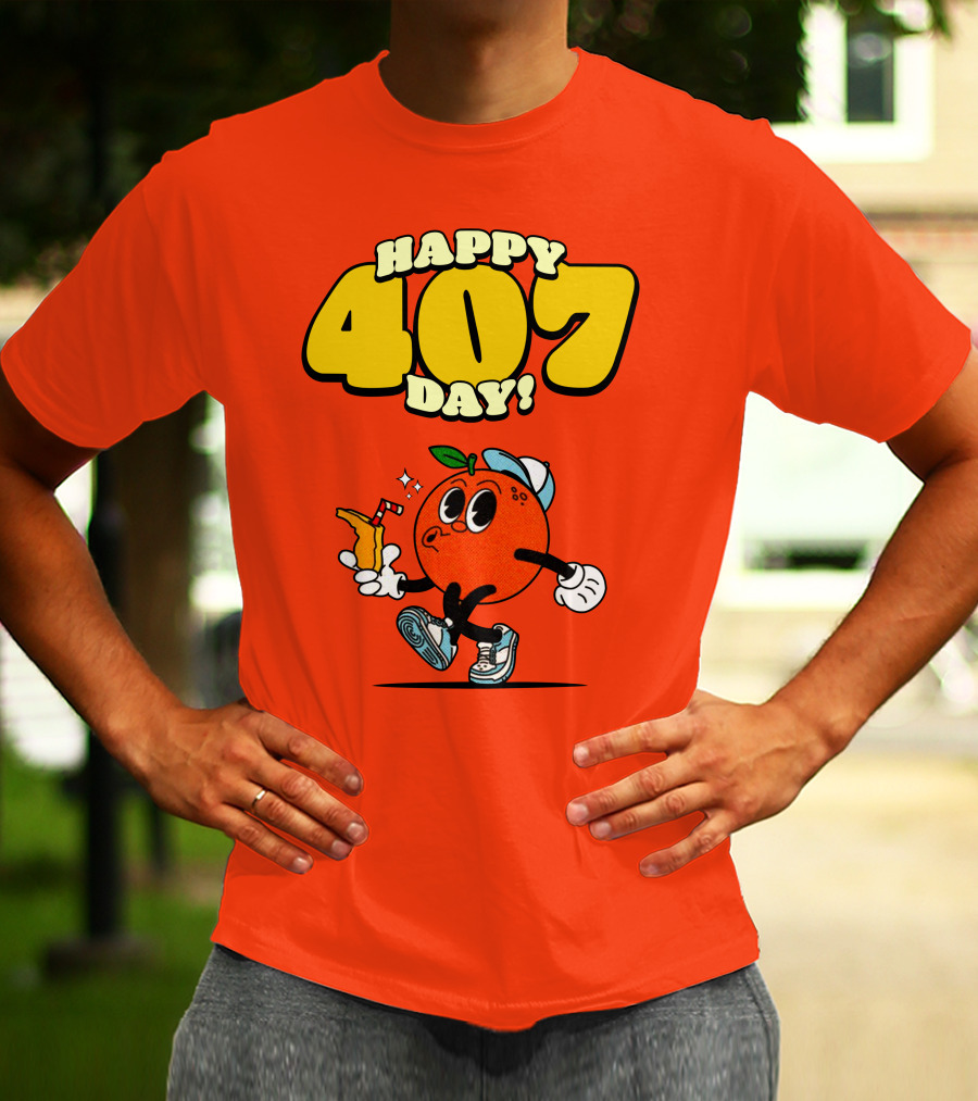 Happy 407 Day Orlando Orange Character With Drink And Sneakers T-Shirt