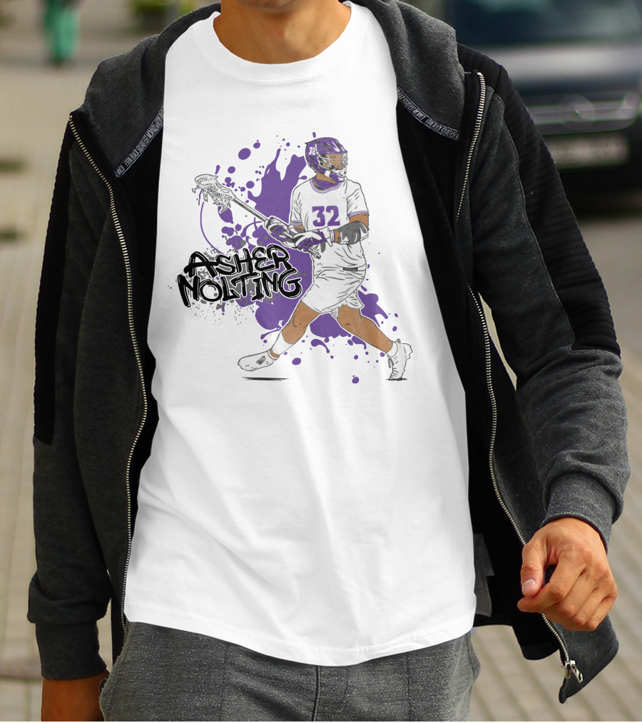 Asher Nolting 32 Lacrosse Player Purple Splatter T-Shirt