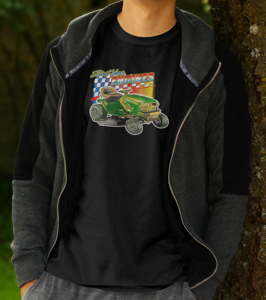 Start Your Engines Lawn Mower Racing With Checkered Flag T-Shirt