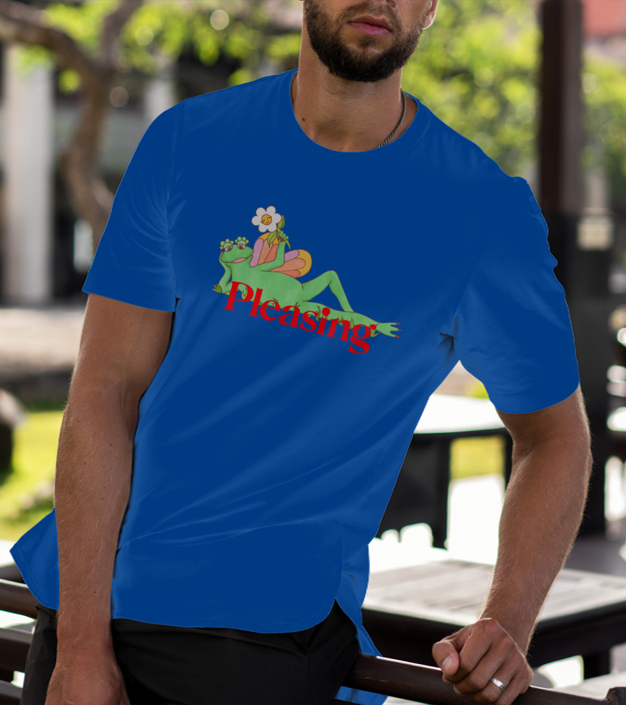 Pleasing Frog With Flower On Sky Blue Crewneck T-Shirt