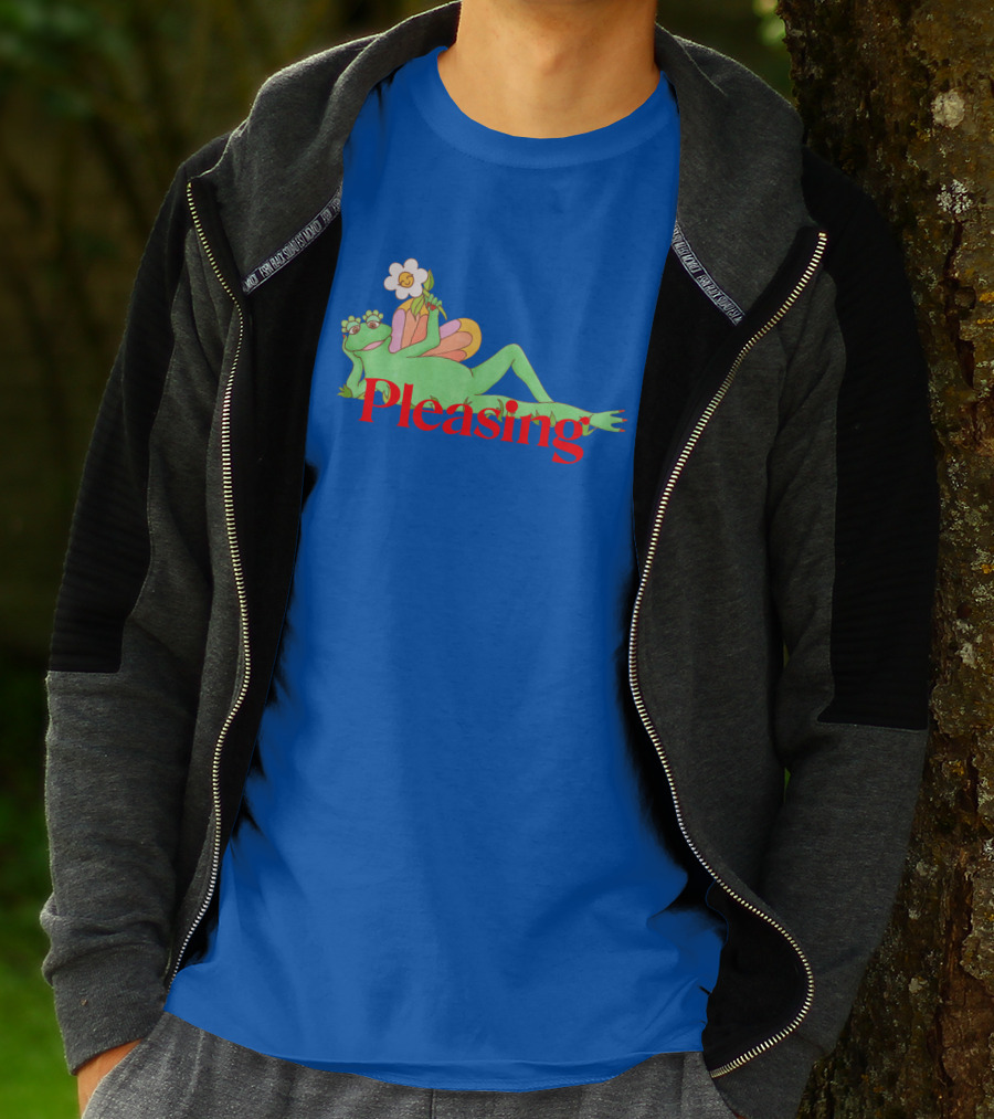 Pleasing Frog With Flower On Sky Blue Crewneck T-Shirt