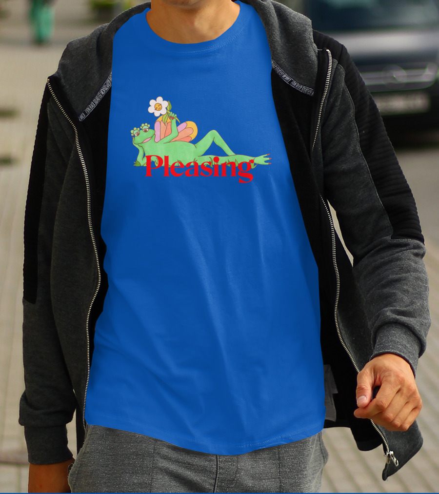 Pleasing Frog With Flower On Sky Blue Crewneck T-Shirt