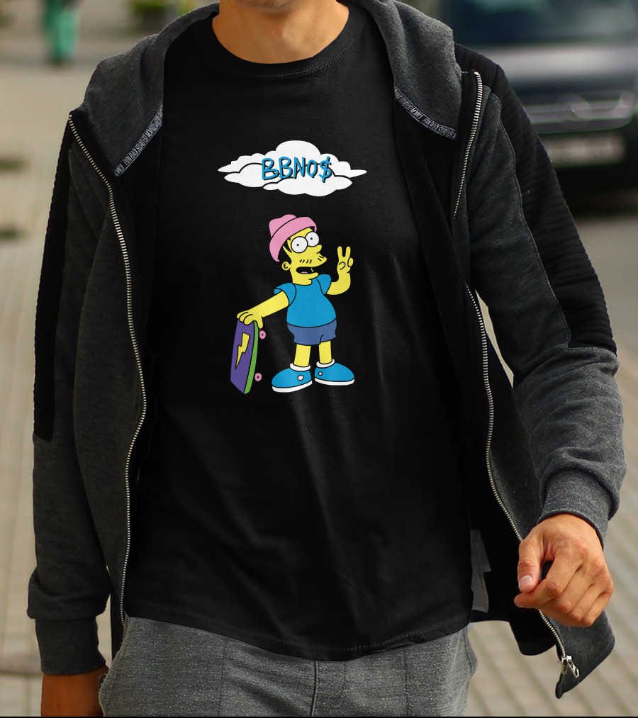 BBNO$ Cartoon Character With Skateboard And Peace Sign T-Shirt