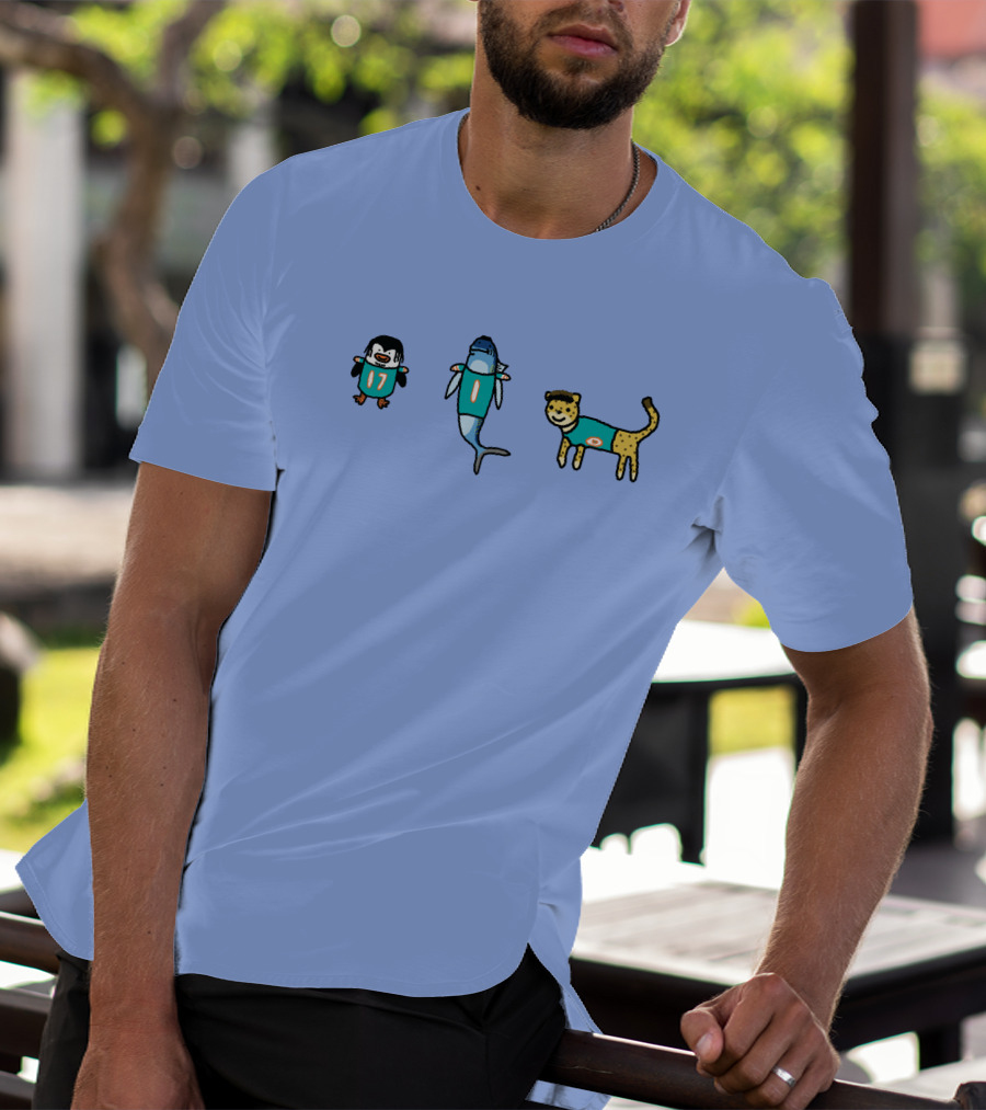Waddle 17 Miami Dolphins Penguin Shark Cheetah Quirky Football Mascots T-Shirt