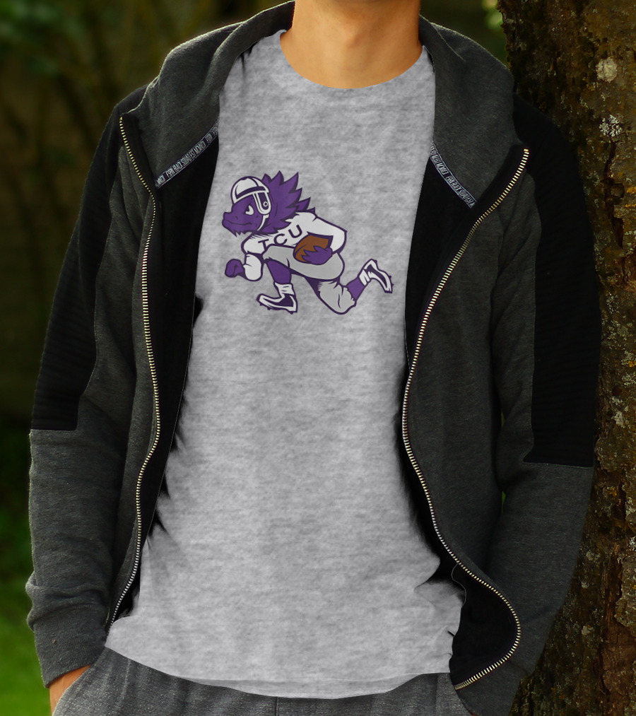 Running Horned Frog TCU Football Player In Purple And White Jersey T-Shirt