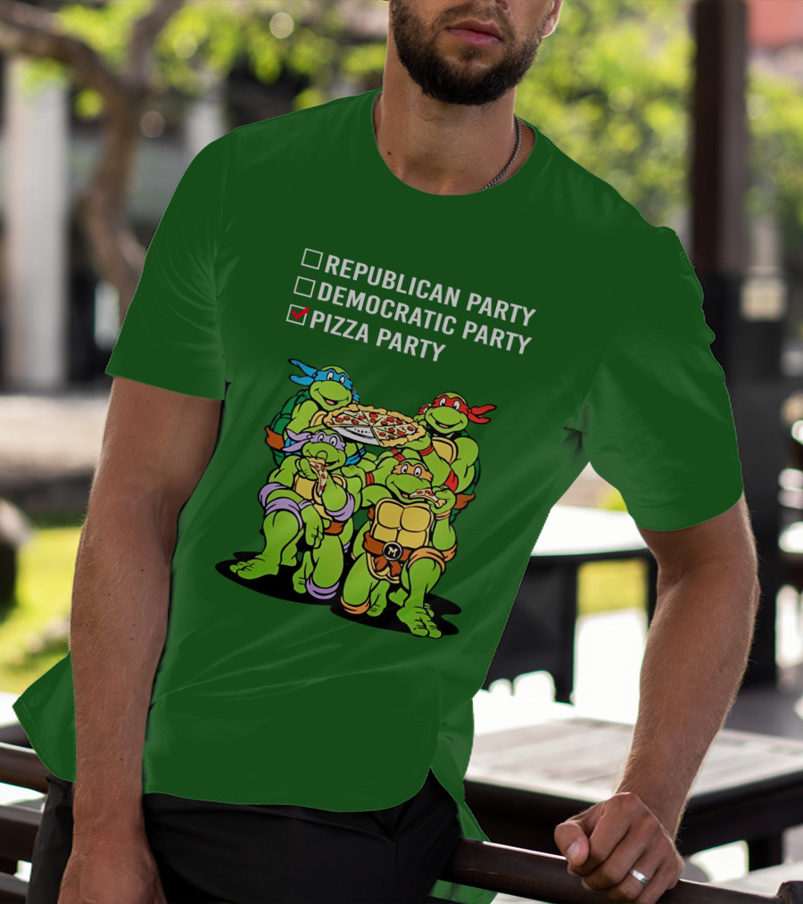 Pizza Party Checkmark With Four Ninja Turtles Carrying Pizza Under Republican Party Democratic Party Options T-Shirt