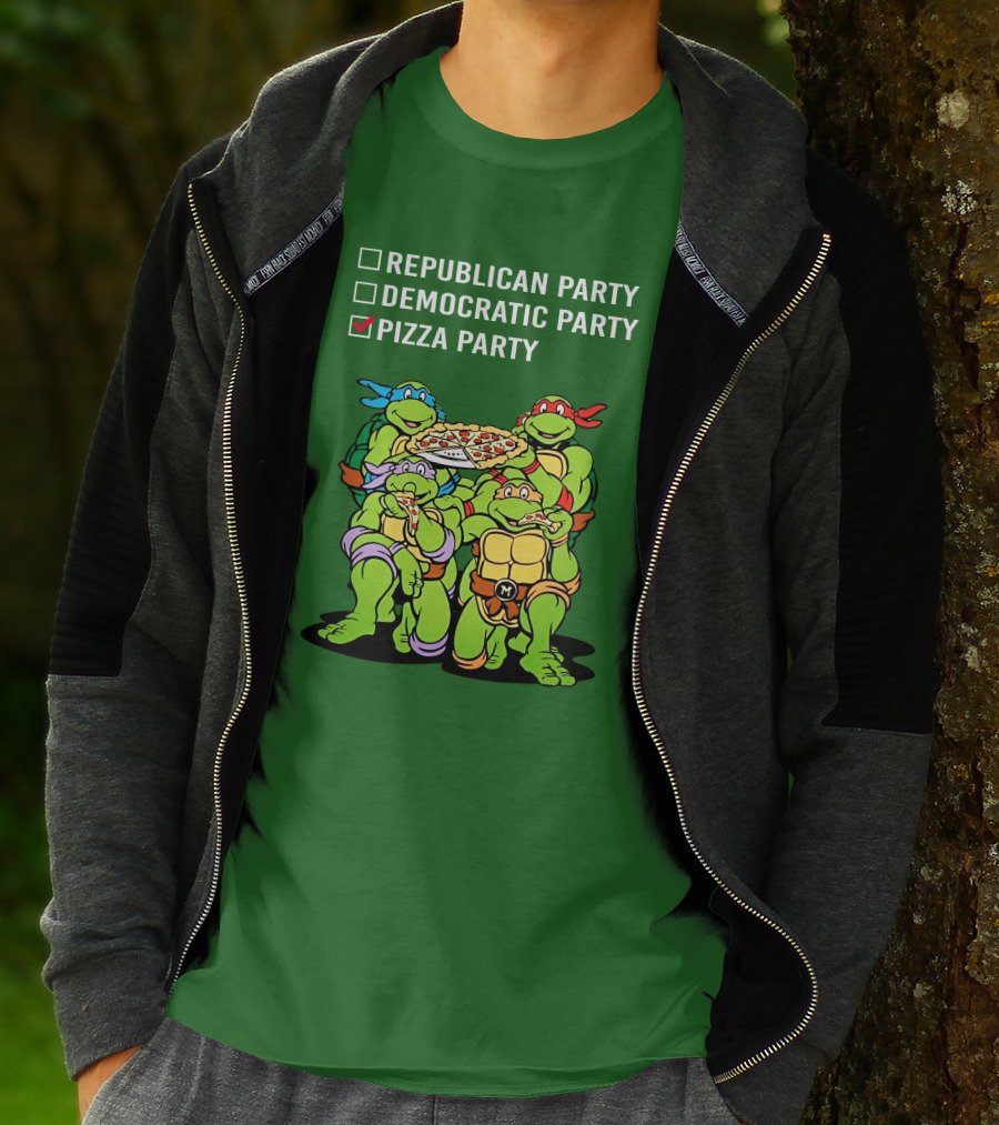 Pizza Party Checkmark With Four Ninja Turtles Carrying Pizza Under Republican Party Democratic Party Options T-Shirt