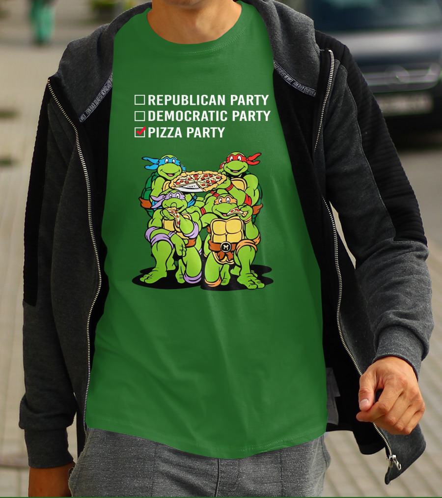 Pizza Party Checkmark With Four Ninja Turtles Carrying Pizza Under Republican Party Democratic Party Options T-Shirt