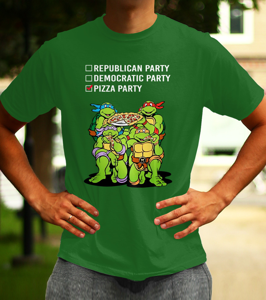 Pizza Party Checkmark With Four Ninja Turtles Carrying Pizza Under Republican Party Democratic Party Options T-Shirt