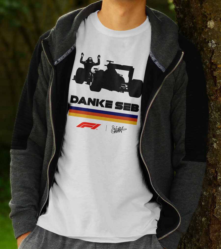 Formula 1 Danke Seb Vettel Silhouette With F1 Logo And Signature T-Shirt