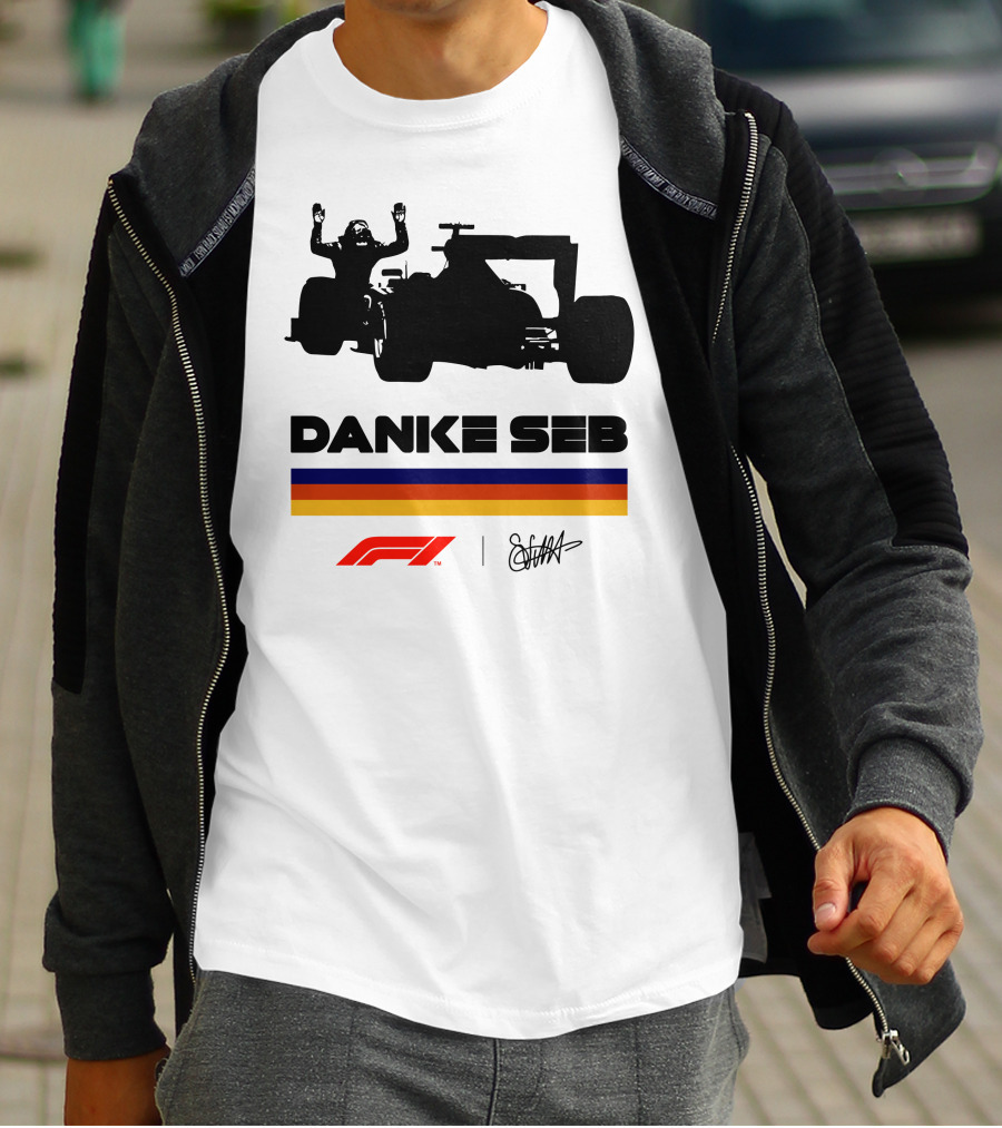 Formula 1 Danke Seb Vettel Silhouette With F1 Logo And Signature T-Shirt