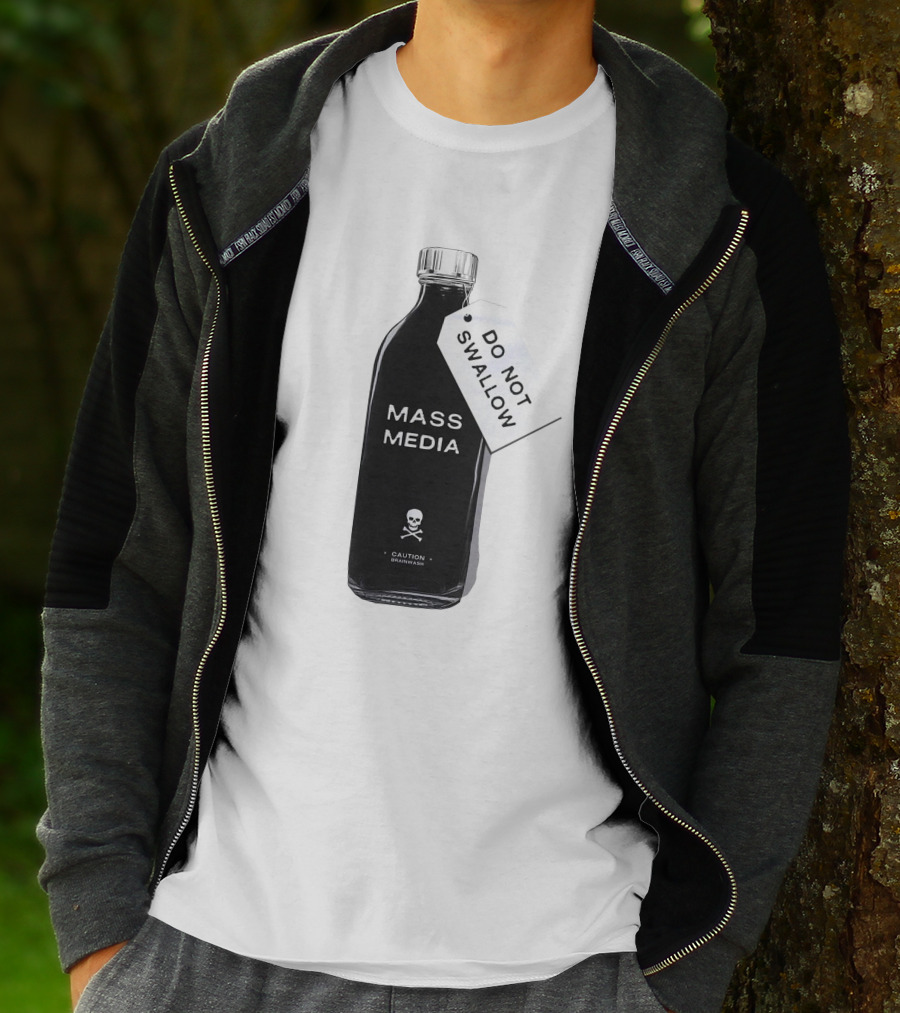 Archillect CAUTION BRAINWASH Do Not Swallow Mass Media Skull And Crossbones T-Shirt