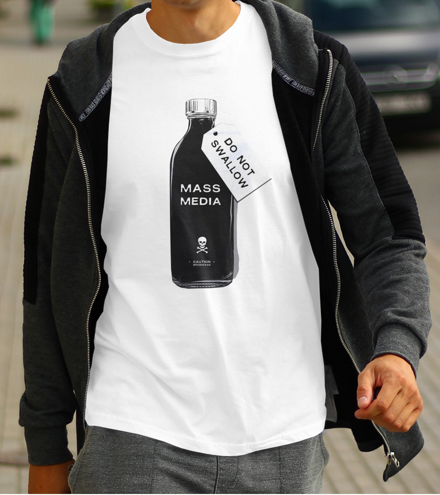 Archillect CAUTION BRAINWASH Do Not Swallow Mass Media Skull And Crossbones T-Shirt