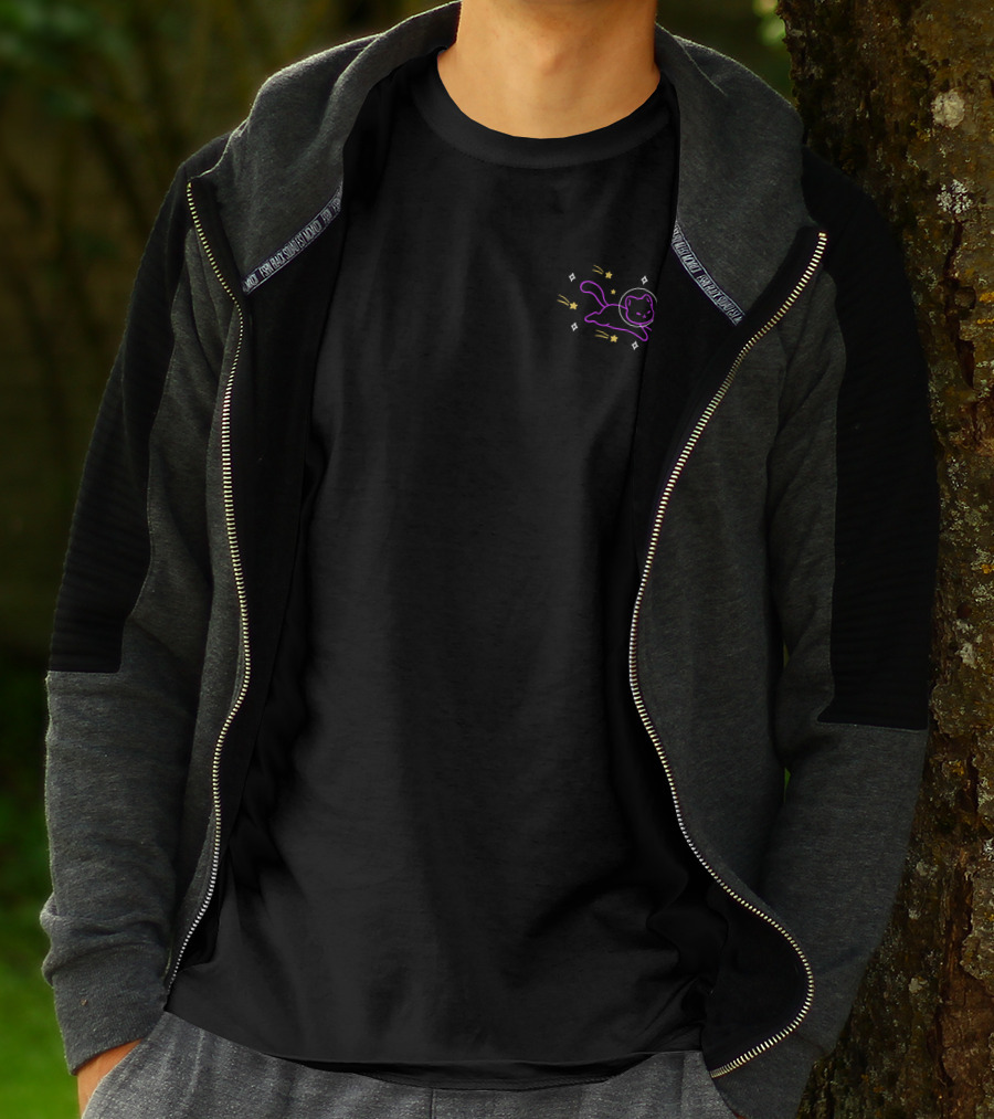Helloapparel Purple Space Cat With Shooting Stars And Cosmic Elements T-Shirt