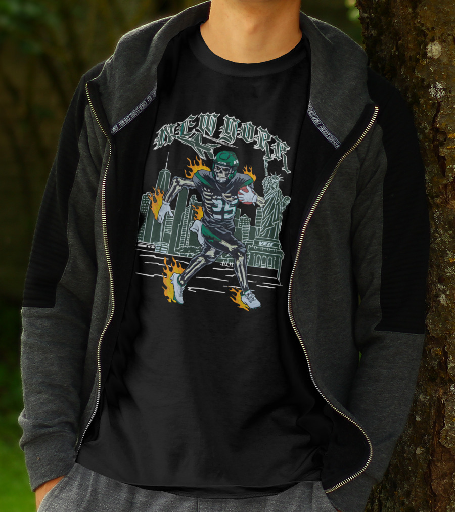 New York Jetpack QB Number 5 New York City Statue Of Liberty Skyline Fire Running T-Shirt