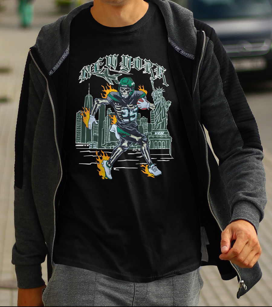 New York Jetpack QB Number 5 New York City Statue Of Liberty Skyline Fire Running T-Shirt