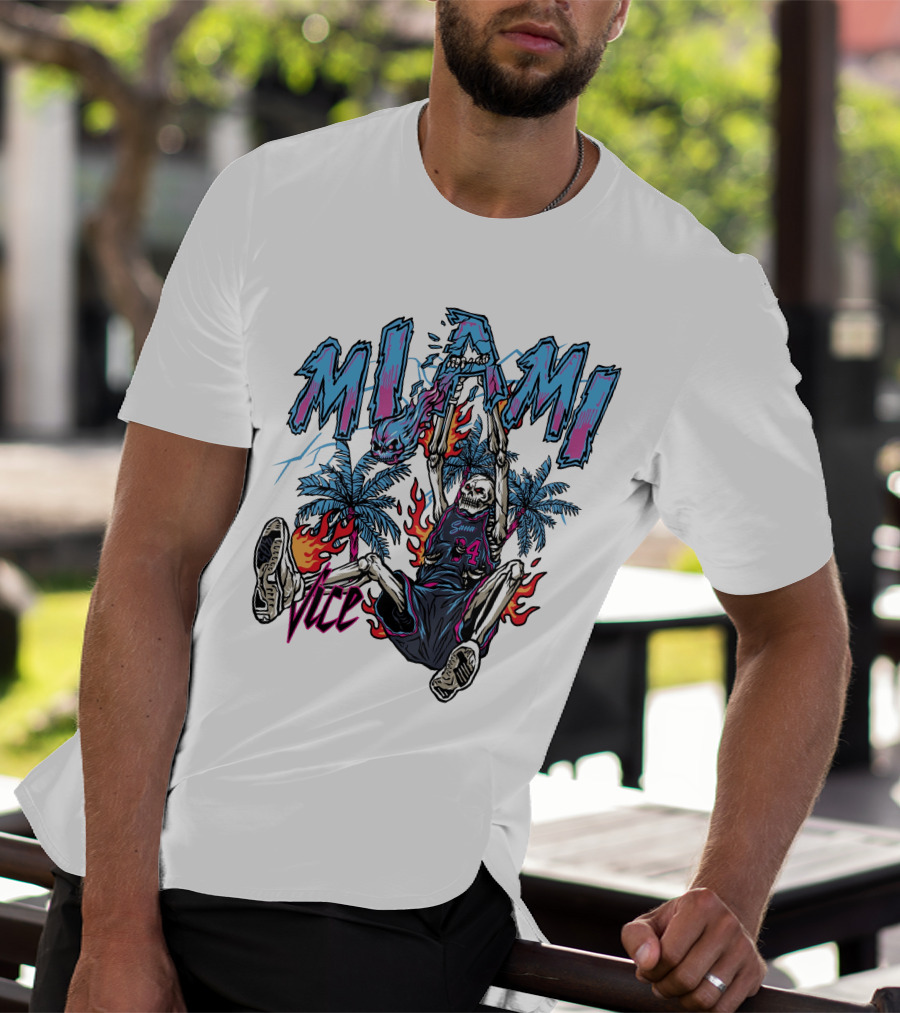Sana Detroit Vice Miami Basketball Skeleton Dunking With Palm Trees And Flames T-Shirt