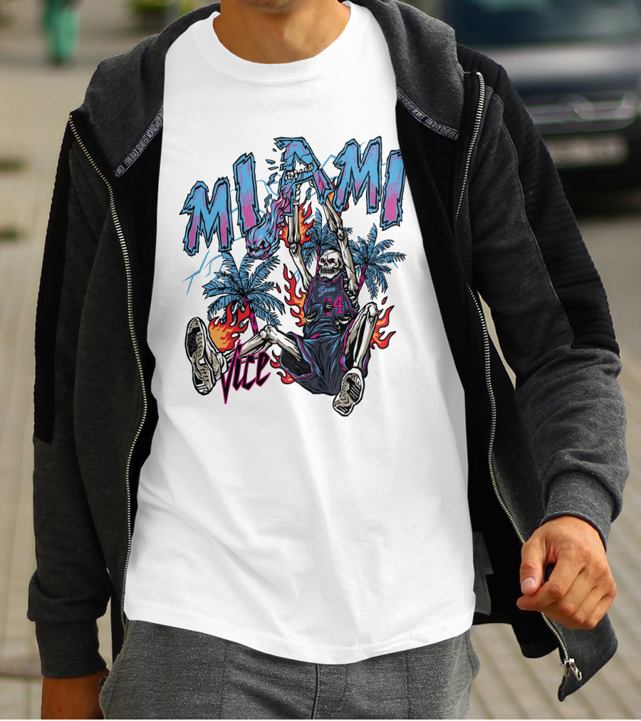 Sana Detroit Vice Miami Basketball Skeleton Dunking With Palm Trees And Flames T-Shirt