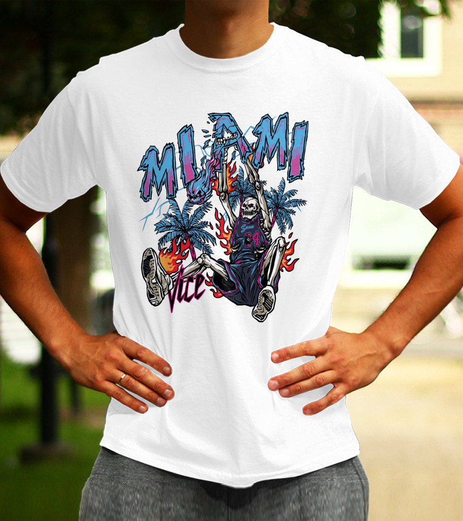 Sana Detroit Vice Miami Basketball Skeleton Dunking With Palm Trees And Flames T-Shirt