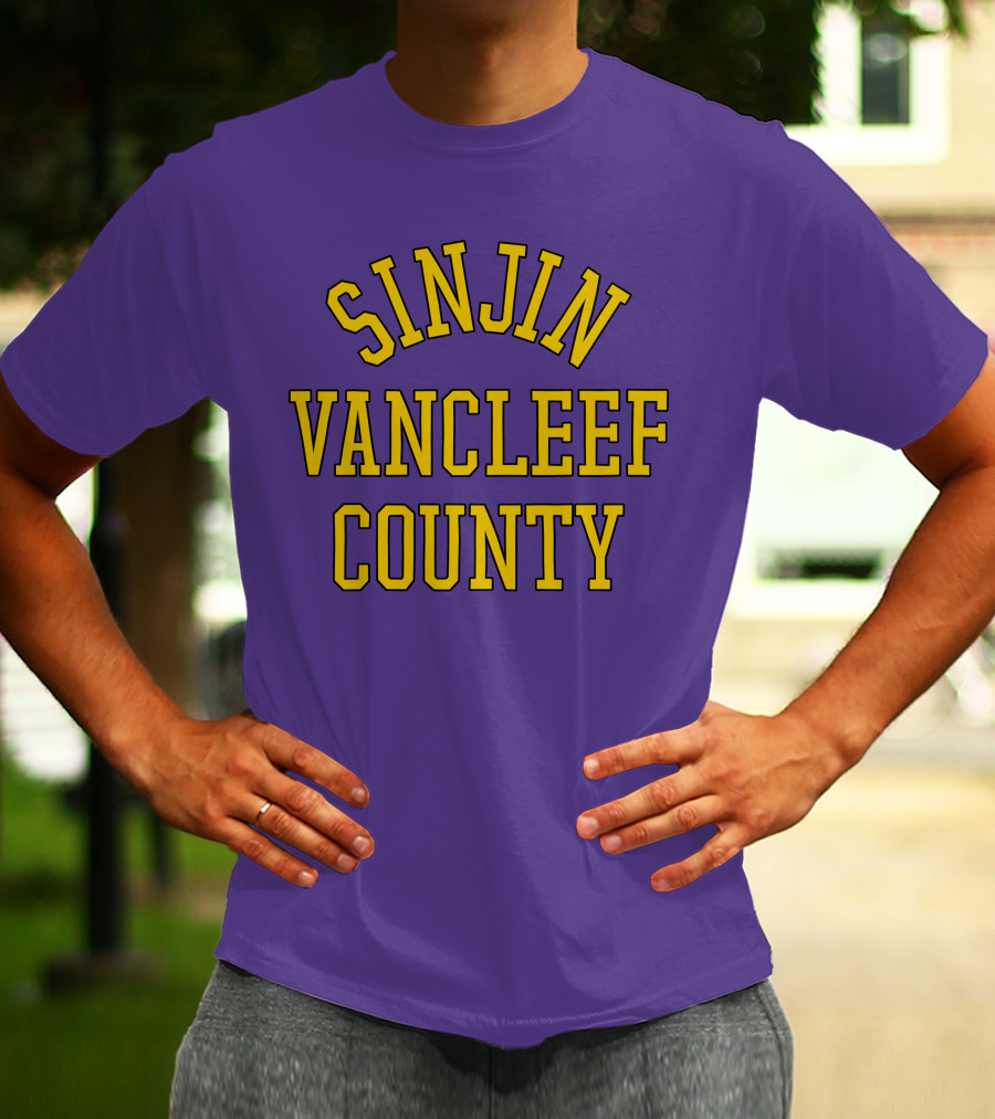 Sinjin Drowning Merch Sinjin Vancleef County Arch Style Purple Gold Lettering T-Shirt