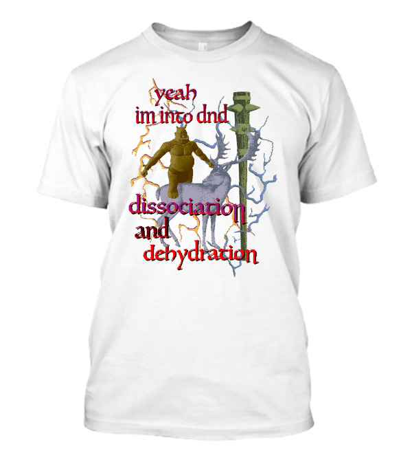 Yeah Im Into Dnd Dissociation And Dehydration Statue Riding Reindeer With Caduceus Staff And Lightning Background T-Shirt