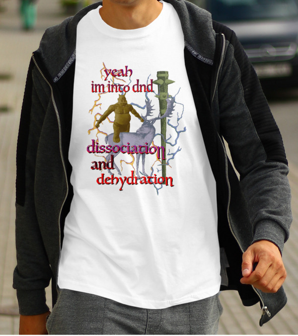 Yeah Im Into Dnd Dissociation And Dehydration Statue Riding Reindeer With Caduceus Staff And Lightning Background T-Shirt