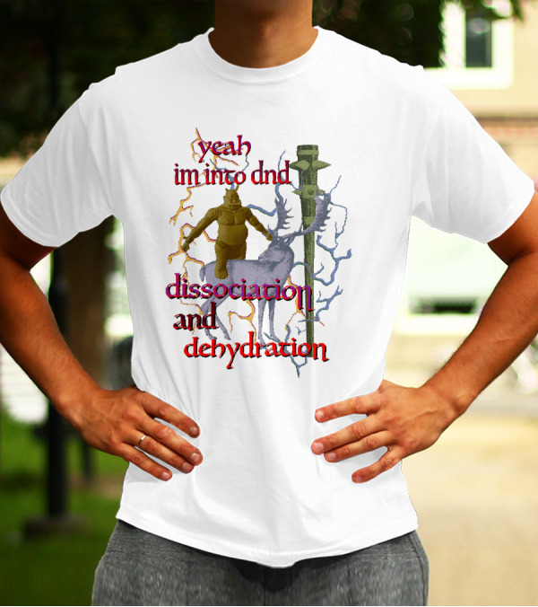 Yeah Im Into Dnd Dissociation And Dehydration Statue Riding Reindeer With Caduceus Staff And Lightning Background T-Shirt