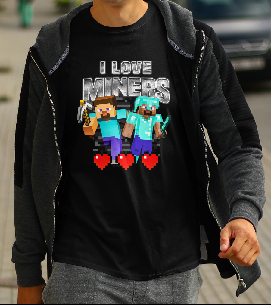 I Love Miners Minecraft Steve Hearts Pixelated Characters T-Shirt