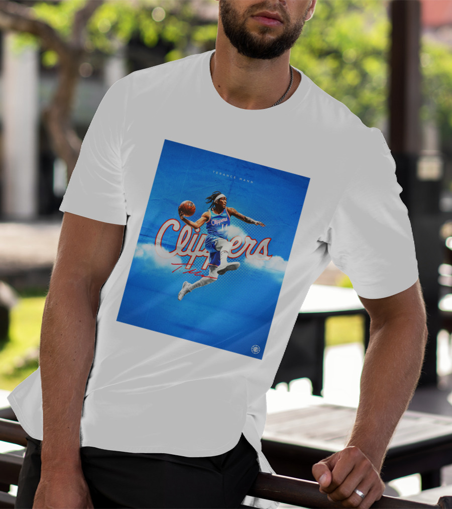 Terance Mann Clippers Basketball Motion Dribble Blue Clouds T-Shirt